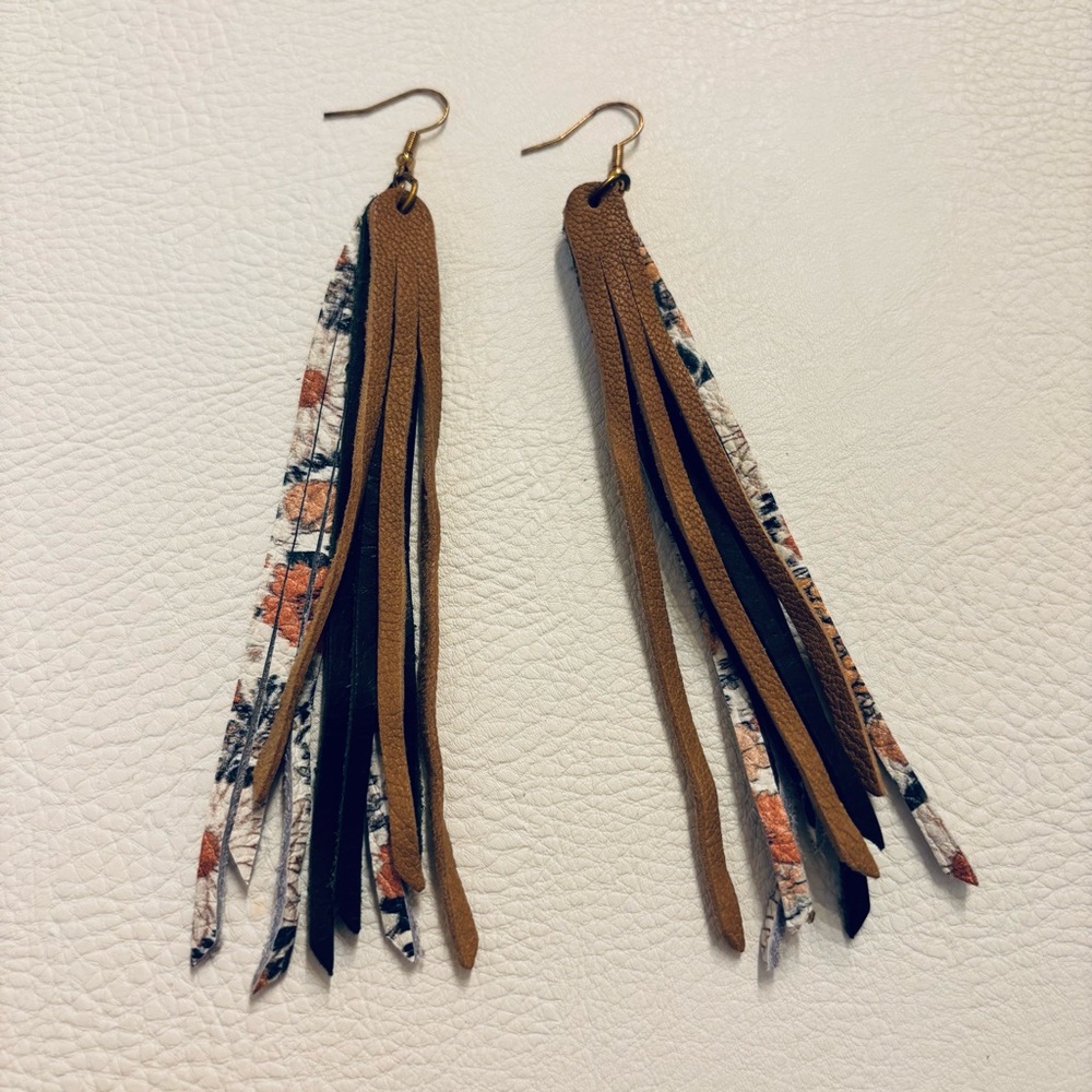 Boho Earrings Fringe Genuine Leather Handmade Tricolor EUC Western